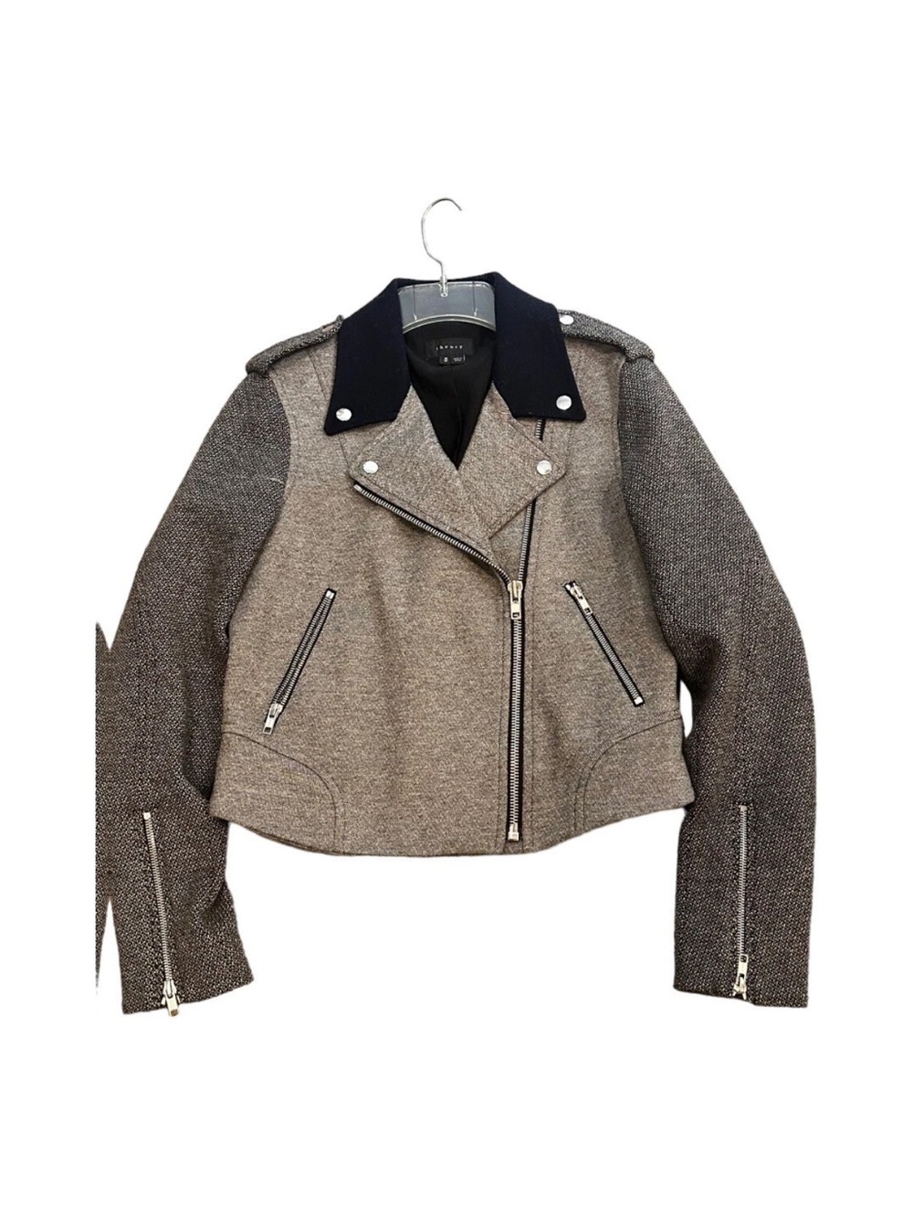 Theory Wool Blend Moto Jacket Gray Black Cashmere Collar Cropped Zip Medium M